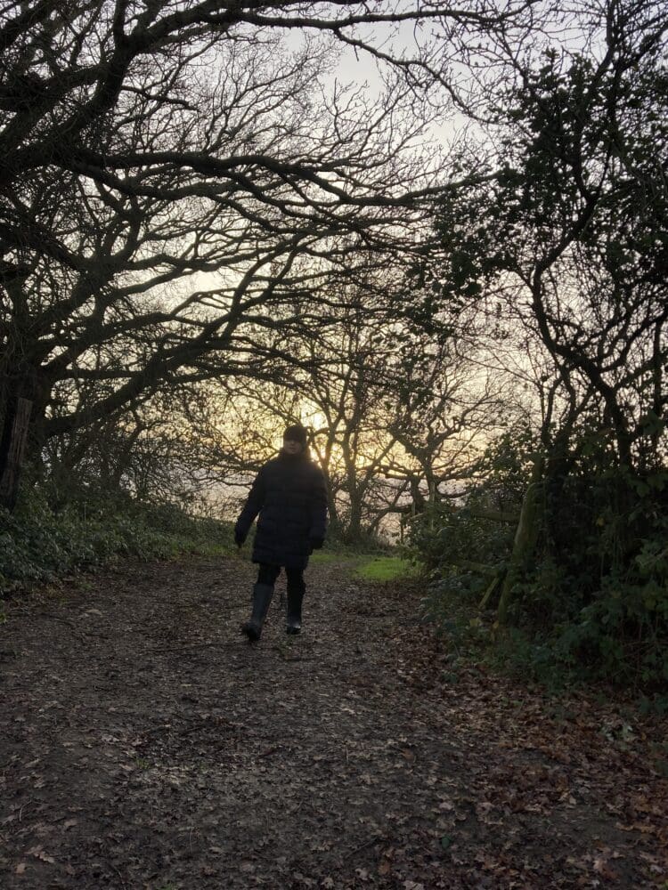 Person walking along a wooded path at dusk
