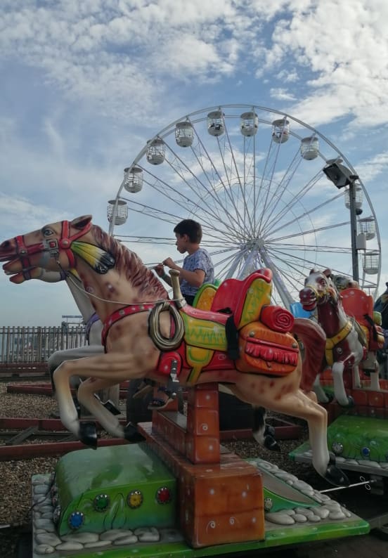 Boy riding a fairground horse carousel with a Ferris wheel behind