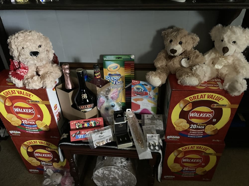 Raffle prizes including teddy bears, drinks and gifts at a RAGS fundraiser