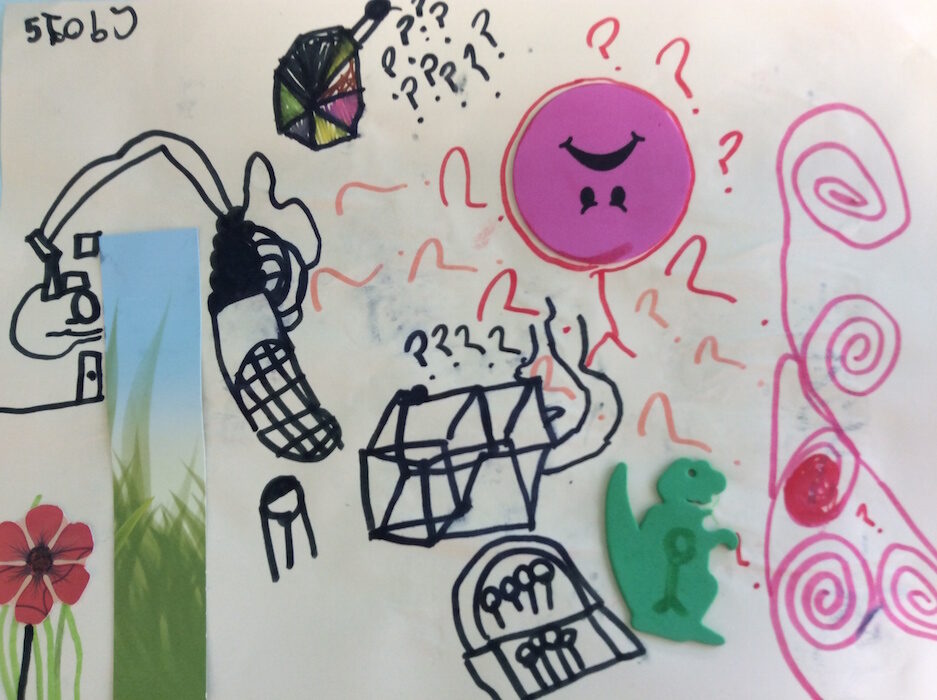 Child's autism awareness artwork with a poppy, question marks and a smiley face