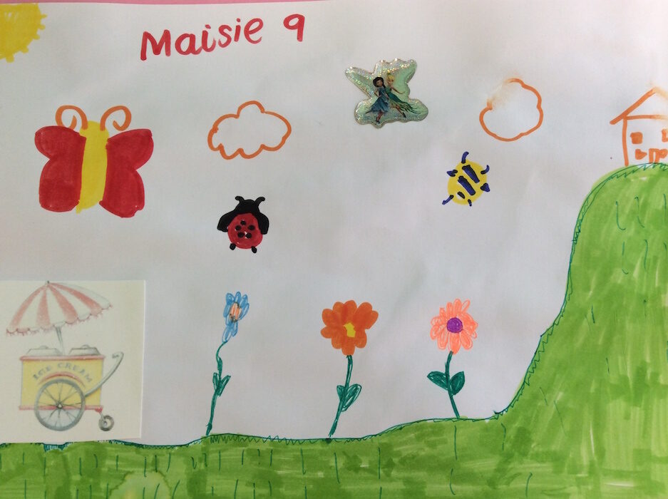 Child's artwork titled Maisie 9 with butterflies, flowers and a ladybird