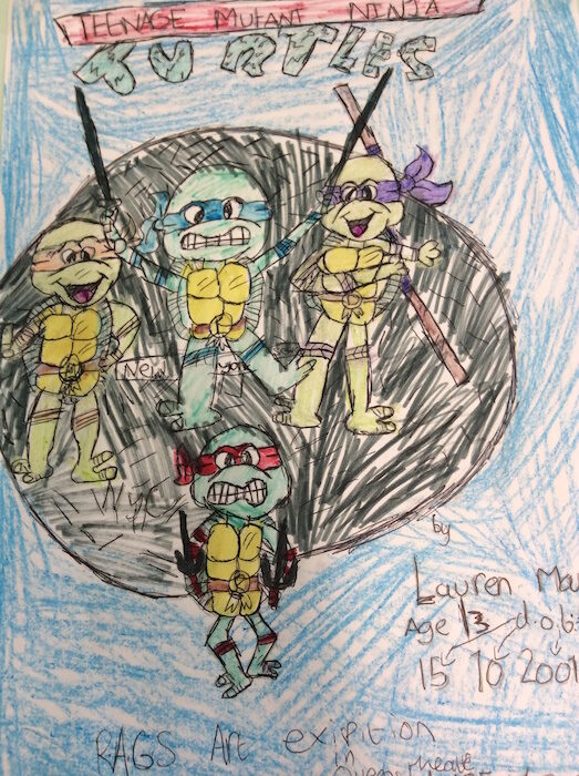 Child's drawing of Teenage Mutant Ninja Turtles for a RAGS art exhibition